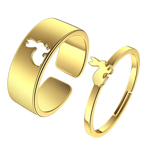 2PCS Matching Cute Animals Promise Engagement Rings for Couples Men Women Jewelry Band Sets 316L Stainless Steel Adjustable Open Ring - color: Rabbit-g