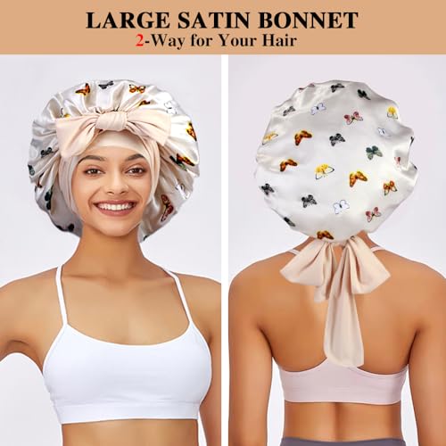 2+3 Large Satin Bonnets with Scrunchies for Women, Hair Bonnet Sleeping Tie Bonnet for Braids Curly Hair - color: H -White Butterfly, Pink Butterfly