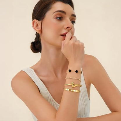 Mothers Day Gifts for Mom 18K Gold-Plated Bracelet Set – Floral Clover, Tennis, Chunky Adjustable Twist Cuff, Classic Gold-plated Bangle Stainless Steel, Non Tarnish, Stackable Bracelet Gift for Women - style: YR floral black