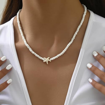 Nackiy Shell Necklace for Women, Handmade Summer Beach Jewelry Gift | Natural Sea Shell Necklace, Adjustable Collar Fit, Coastal Beach Style, Shell Starfish Charms, Lightweight Summer Jewelry - color: Beige 3