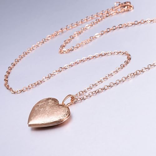 U7 Custom Photo Locket Necklace - Oval & Heart Shaped Locket - Gold/Silver/Rose Gold Personalized Image Necklaces for Women - color: 02-Rose Gold Flower Heart, style: c. locket+photo+text