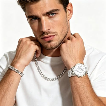 NEWITIN 4 Pieces Black Jewelry Set for Men Stainless Steel Watch Necklace Bracelet Ring Fashion Black Wristwatch Cuban Link Chain Cuban Jewelry Set for Men - color: Silver