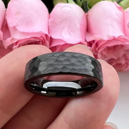 TUTISS 6mm 8mm Silver/Black/Gunmetal/Gold/Rose Gold Hammered Tungsten Rings for Men Women Couple Fashion Jewelry Engagement Wedding Bands Matte Finish Comfort Fit - color: 6mm Black Tungsten