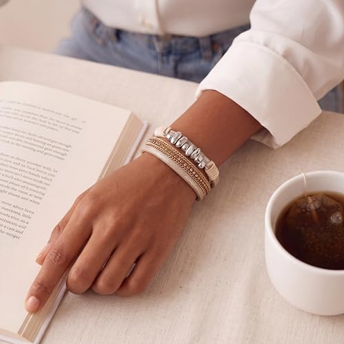 Edoneery Leather Wrap Bracelets for Women, Boho Layered Cuff Bangle | Multi-layer Leather Cuff, Daily wear, Stackable Bangle, Easy on-off, Western Jewelry Gifts for Women - color: Beige-2