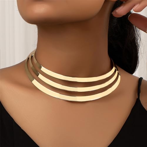 Chunky Gold Necklace Big Statement Chunky Necklace for Women African Tribe Wide Metal Choker Necklaces Jewelry - color: 04 Gold