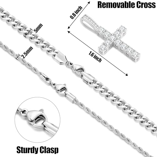 Fiusem Layered Cross Necklace for Men, Stainless Steel Cuban and Rope Chain | Silver Tone/14K Gold Plated Mens Necklace Chain with Cubic Zirconia Cross Pendant - color: Silver, size: 20/22 inches