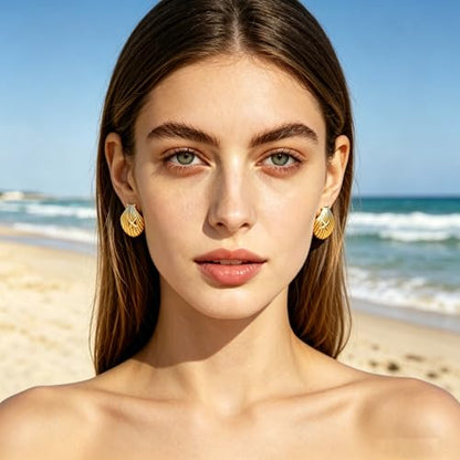 Gold Statement Earrings For Women, 14K Gold Plated Textured Geometric Drop Earrings - Hypoallergenic Stainless Steel Statement Earrings for Women, Waterproof Fan-Shaped Dangle Earrings for Beach & Daily Wear - color: Starfish seashell DKE252019GL