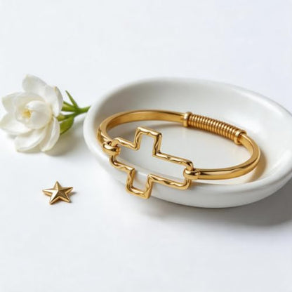 Gold Plated Textured Cross Cuff Bracelet for Women Open Hammered Cross Bangle Minimalist Statement Religious Jewelry Gift