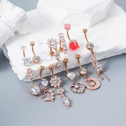 14G Dangle Belly Button Ring Piercing Jewelry 316L Stainless Surgical Steel Heart Flower CZ Reverse Navel Rings Dangling Belly Button Ring Piercing Jewelry for Women 14 Gauge Hypoallergenic - style: 12Pcs Rose Gold