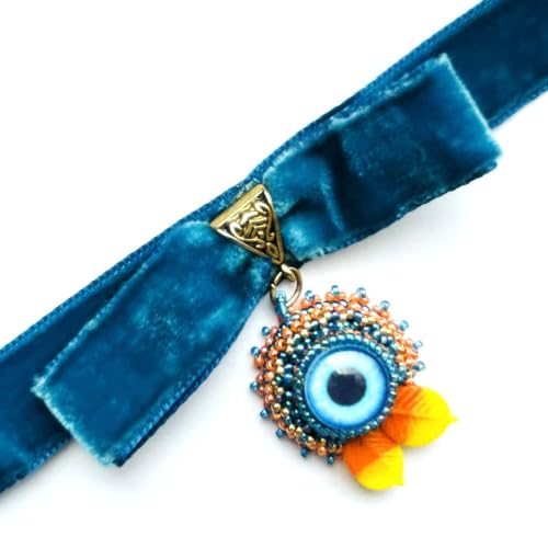 Blue Orange Beadwoven Eye Pendant Choker Velvet Halloween Embroidered Eye Fall Autumn