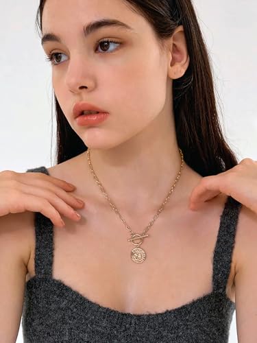 18k Gold Plated Chain Link Necklace for Women, Baroque Pearl/Compass Pendant Necklace - color: Coin Cross