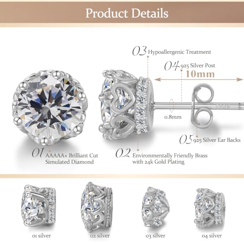 Hypoallergenic Cubic Zirconia Stud Earrings for Women & Men 24K Gold Plated Sterling Silver Post, CZ Simulated Diamond Halo Studs Sensitive Ear Friendly Gift (ED-31) - color: White Gold 04