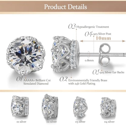 Hypoallergenic Cubic Zirconia Stud Earrings for Women & Men 24K Gold Plated Sterling Silver Post, CZ Simulated Diamond Halo Studs Sensitive Ear Friendly Gift (ED-31) - color: White Gold 04