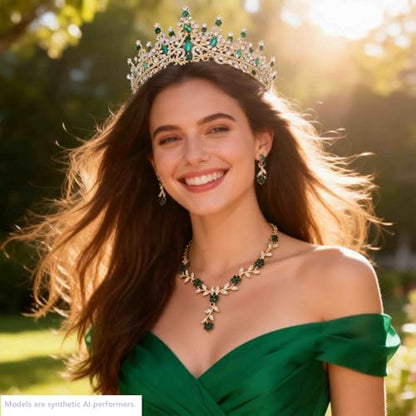 Kamirola Tiaras and Crowns for Women,Tiaras Earrings Necklace, Crystal Bridal Jewelry Set (TR48) - color: Gold Green