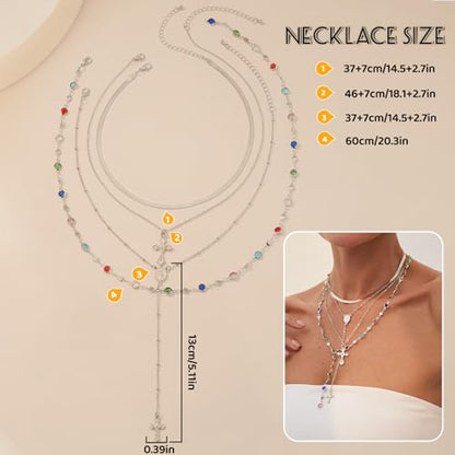 Layered Cross Necklace Set for Women, Layered Choker Necklaces Trendy Jewelry, Colorful Enamel Beaded Y-Shaped Lariat Necklace, Boho Multilayer Cross Necklace for Party and Daily Wear - color: Silver-04