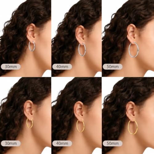 4/6 Pairs 14K Gold Plated Silver Hoop Earrings Set for Women Hypoallergenic | 30 40 50 60 mm, Lightweight Thin Hoops, 316L Surgical Stainless Steel for Sensitive Ears, Everyday Wear to Evening Outfits - color: 6 Pairs(30/40/50mm)-Silver/Gold