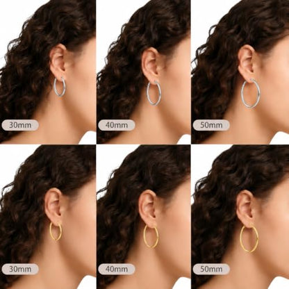 4/6 Pairs 14K Gold Plated Silver Hoop Earrings Set for Women Hypoallergenic | 30 40 50 60 mm, Lightweight Thin Hoops, 316L Surgical Stainless Steel for Sensitive Ears, Everyday Wear to Evening Outfits - color: 6 Pairs(30/40/50mm)-Silver/Gold