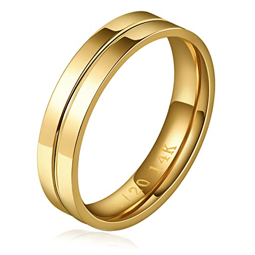 NOKMIT 5mm 14K Gold Filled Rings for Women Girls Dainty Thick Wedding Band Couple Anniversary Engagement Thumb Ring Gifts High Polished Plain Flat Cigar Band Tarnish Resistant Comfort Fit Size 4 to 11 - color: Gold-Line