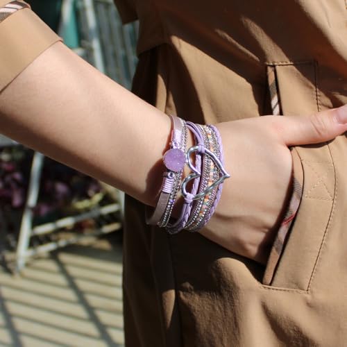 Womens Love Heart Leather Wrap Bracelet Multi-layer Stacked Bangle | Magnetic Clasp Soft PU Leather Resin Stone Rhinestone Boho Style Birthday Valentine Christmas Bohemian Jewelry Gift - color: Purple