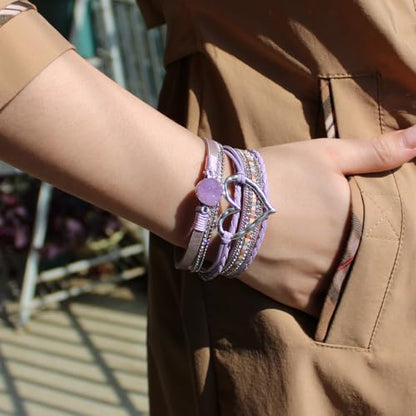 Womens Love Heart Leather Wrap Bracelet Multi-layer Stacked Bangle | Magnetic Clasp Soft PU Leather Resin Stone Rhinestone Boho Style Birthday Valentine Christmas Bohemian Jewelry Gift - color: Purple