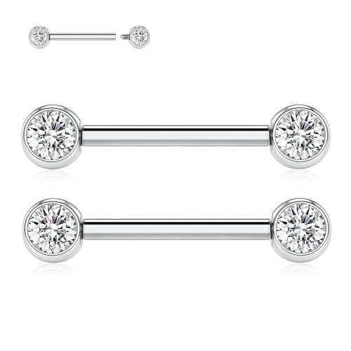 FUNLMO 2pcs Nipple Piercing Jewelry Titanium Nipple Rings Internally Threaded Tongue Rings Bridge Piercing Jewelry Nipple Barbells 14G 12-20mm - color: Silver,Clear CZ