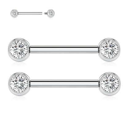 FUNLMO 2pcs Nipple Piercing Jewelry Titanium Nipple Rings Internally Threaded Tongue Rings Bridge Piercing Jewelry Nipple Barbells 14G 12-20mm - color: Silver,Clear CZ