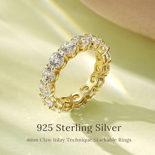 4mm 925 Sterling Silver Rings Gold Engagement Wedding Band Eternity Cubic Zirconia Round Simulated Diamond Stackable Ring for Women - color: Gold