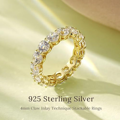 4mm 925 Sterling Silver Rings Gold Engagement Wedding Band Eternity Cubic Zirconia Round Simulated Diamond Stackable Ring for Women - color: Gold
