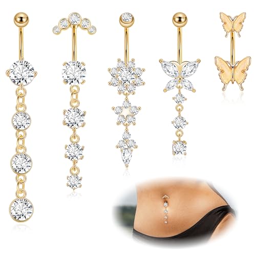 REVOLIA 5Pcs 14G Surgical Steel Dangle Belly Button Ring for Women Dangle Navel Ring Curved Belly Rings CZ Butterfly Barbell Body Piercing Jewelry - color: Gold, size: Bar Length 14MM