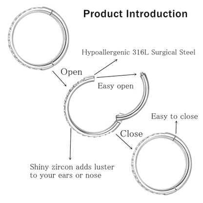 ORANGELOVE 20G 18G 16G Clear CZ Nose Ring Hoop 316L Surgical Steel Seamless Silver Septum Ring Clicker Jewelry Cartilage Earring Ear Piercing Hoop Earrings for Women Men Helix Rook Lobe Conch Tragus Daith Lip Hinged Piercing Jewelry with Cubic Zirconia -