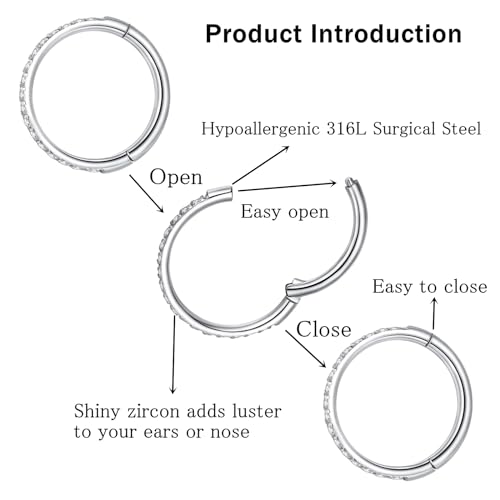 ORANGELOVE 20G 18G 16G Clear CZ Nose Ring Hoop 316L Surgical Steel Seamless Silver Septum Ring Clicker Jewelry Cartilage Earring Ear Piercing Hoop Earrings for Women Men Helix Rook Lobe Conch Tragus Daith Lip Hinged Piercing Jewelry with Cubic Zirconia -
