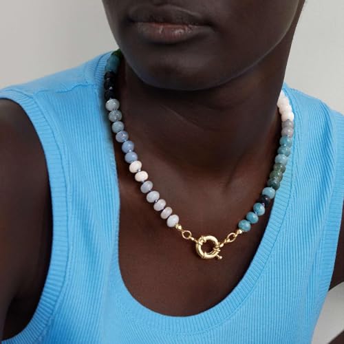 KissYan Beaded Gemstone Necklaces for Women | Colorful Bead Natural Stone Choker with 14K Gold Plated Spring Ring Clasp, Handmade Knot Jewelry for Summer Beach - color: E-Blue & Green