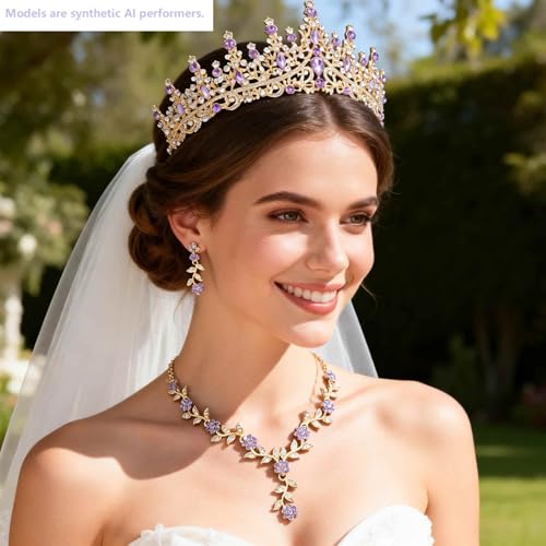 Kamirola Tiaras and Crowns for Women,Tiaras Earrings Necklace, Crystal Bridal Jewelry Set (TR48) - color: Gold Purple