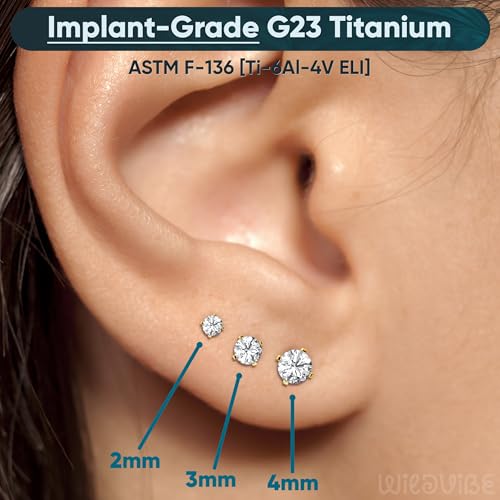 Threadless Flat Back Earrings for Tragus, Helix, Conch, Daith, Cartilage Piercings - G23 Titanium Flatback Stud Earrings with Grade AAAAA Cubic Zirconia - Threadless Flat Back Nose Stud Push Pin Ring Earring Studs (18g, 16g, 20g - 6mm, 8mm) - color: Gold,