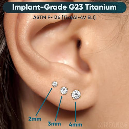 Threadless Flat Back Earrings for Tragus, Helix, Conch, Daith, Cartilage Piercings - G23 Titanium Flatback Stud Earrings with Grade AAAAA Cubic Zirconia - Threadless Flat Back Nose Stud Push Pin Ring Earring Studs (18g, 16g, 20g - 6mm, 8mm) - color: Gold,