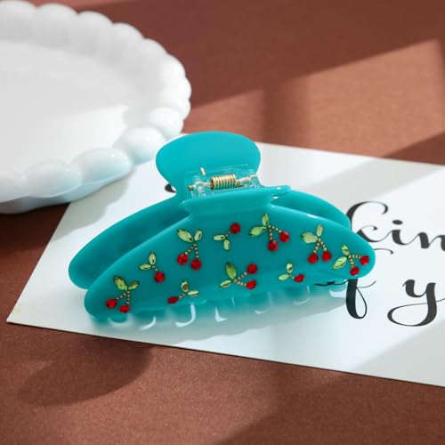 LILIE&WHITE Blue Acrylic Hair Clips For Women Cherry Hair Clip Claw | With The Rhinestone Pattern In Red Cherry Strong Hair Fix Hair Clips Jewelry Fashion Gift For Women Hair Accessory - color: HC21221D