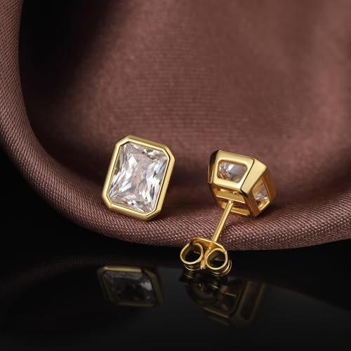 Brilliant Heart-cut/Oval-cut/Trillion-cut/Cushion-cut/Emerald-cut/Marquise-cut Stud, 925 Sterling Silver Cubic Zirconia Stud Earrings for Women Men - style: J-Emerald cut-Yellow