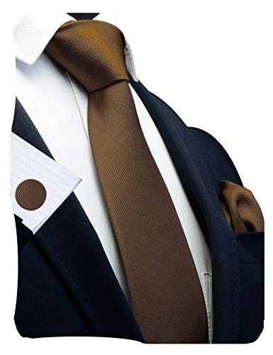 GUSLESON 3.15"（8cm） Solid Color Necktie and Pocket Square Cufflinks Sets For Men + Gift Box - color: Dark Brown