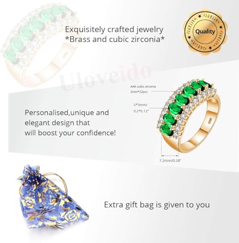 Uloveido Beautiful Women's 7 Stones Wedding Band Oval Cubic Zirconia Engagement Anniversary Rings J501 - color: Gold-Green