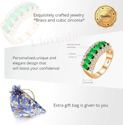 Uloveido Beautiful Women's 7 Stones Wedding Band Oval Cubic Zirconia Engagement Anniversary Rings J501 - color: Gold-Green