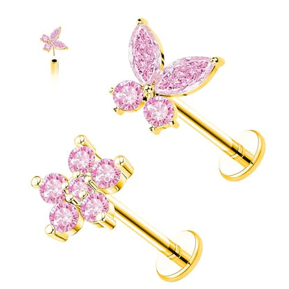 VERAMI 16G Surgical Steel Pushin Lip Rings Butterfly Flower Bee Nose Stud Rings Top Push in Threadless Flat Back Nose Rings Studs Cartilage Earrings for Womens - color: Gold-Pink CZ