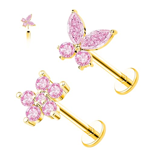 VERAMI 16G Surgical Steel Pushin Lip Rings Butterfly Flower Bee Nose Stud Rings Top Push in Threadless Flat Back Nose Rings Studs Cartilage Earrings for Womens - color: Gold-Pink CZ