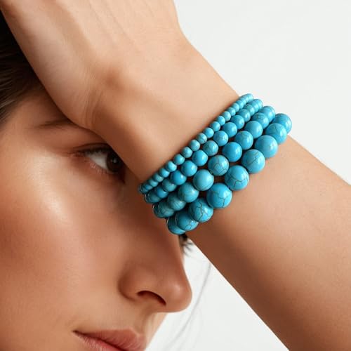 Vinswet 4pcs Beaded Bracelets for Women,Natural Healing Crystal Gemstones Bracelet,Anxiety Stress Relief Bracelet Handmade purple Jewelry Gifts for Women - color: Green Turquoise