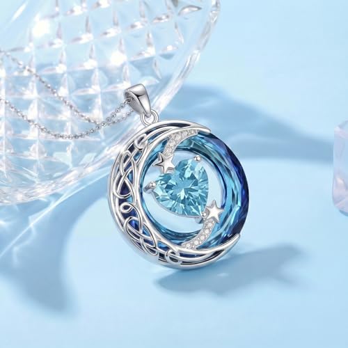 Birthstone Necklace for Women Crystal Moon and Star Pendant White Gold Celtic Moon Jewelry Birthday Graduation Gifts for Wife Her - style: Moon-3