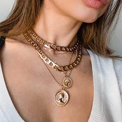 MJartoria Gold Layered Necklaces for Women Trendy Retro Birthflower Coin Pendant Necklace Dainty Chunky Chain Choker Necklaces for Jewelry Birthday Gifts - color: Golden, style: September Birthflower-Peony