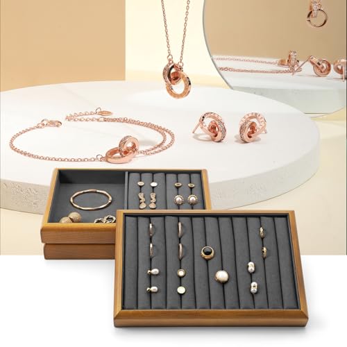 Oirlv Wood Jewelry Ring Display Tray Dark Grey | Solid Wood Frame, Soft Microfiber Interior, 9.84X17X1.18In Ring Tray With Slots, Beautiful Wood Finish, Protects Jewelry - color: Grey, size: 5 slot