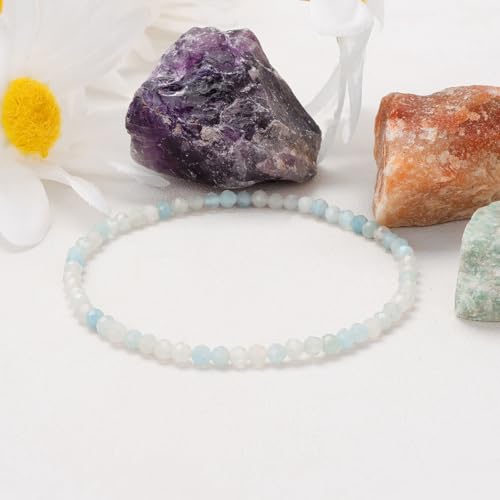 Healing Crystal Bracelet Clear Quartz Faceted Beaded Bracelets for Women Men 3mm Natural Stone Adjustable Handmade Stretch Bracelet Reiki Spiritual Jewelry Fashion Gifts - color: Aquamarine