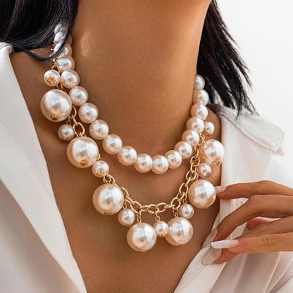 Chunky Gold Layered Big Pearl Beaded Statement Necklaces for Women | Large White Faux Pearls Beads Stack Choker Necklace Trendy Wedding Bridal Prom Statement Jewelry Formal Cluster Bib Necklace