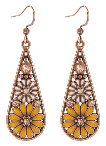 Bohemian Crystal Teardrop Dangle Earrings, Copper, Tribal Geometric Design, Handmade National Style for Women - color: Mustard Yellow