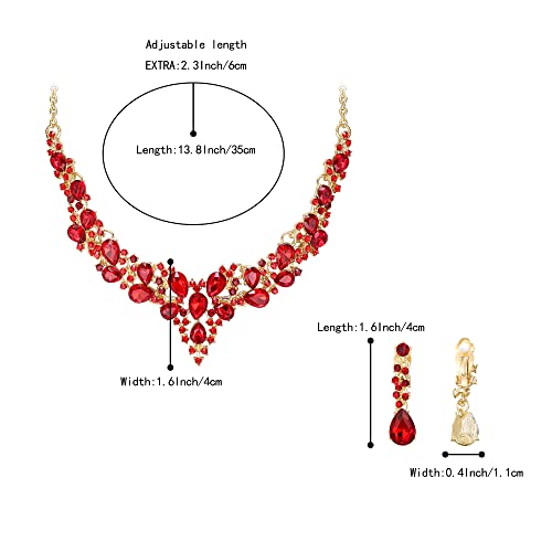 Wedding Statement Necklace Clip-on Earrings Jewelry Set | Sparkling Austrian Crystal Teardrop Cluster for Party Prom Accessories - color: 12-Ruby Color Gold-Tone